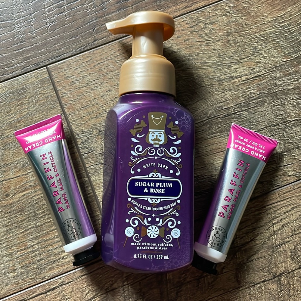 Bath and Bodyworks lot sugarplum rose foaming hand soap, and paraffin hand cream